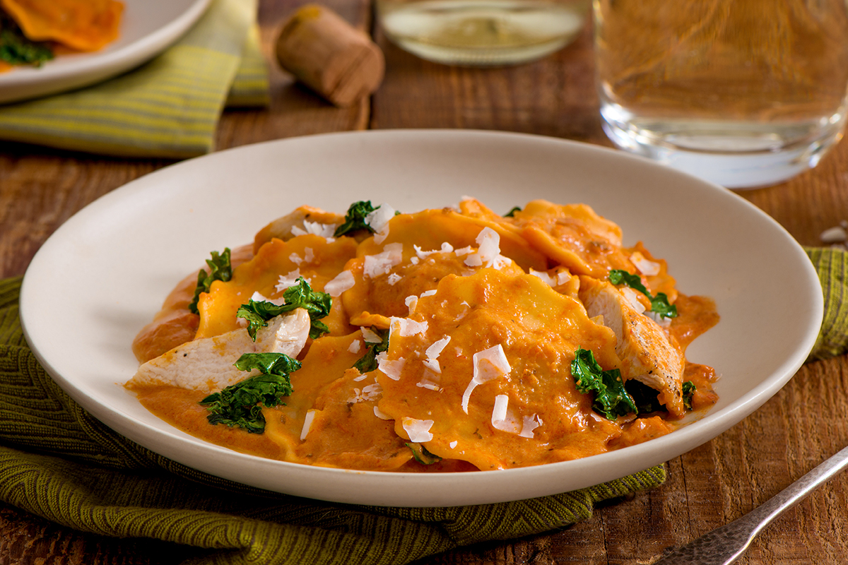 Butternut Squash Ravioli with Chicken and Kale