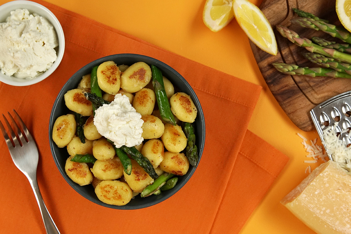 Cheese Filled Skillet Gnocchi with Lemon, Ricotta and Asparagus