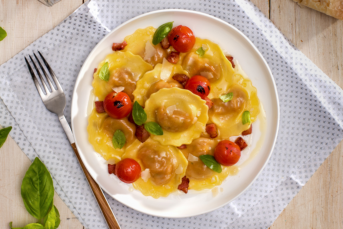 Mushroom Ravioli with Pancetta and Cherry Tomatoes