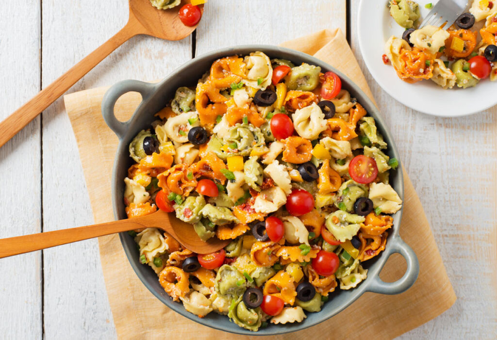 confetti-pasta-salad-served-in-a-pan