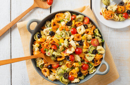 confetti-pasta-salad-served-in-a-pan