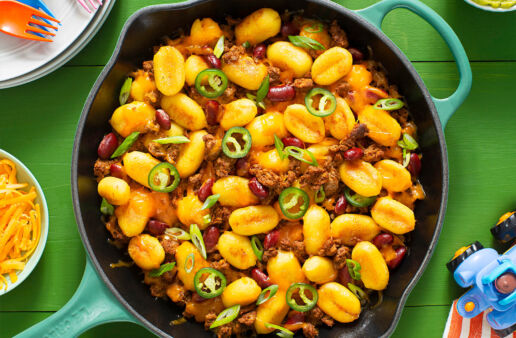 Gnocchi-with-beef-jalapeños-and-beans-mixed-in-a-skillet
