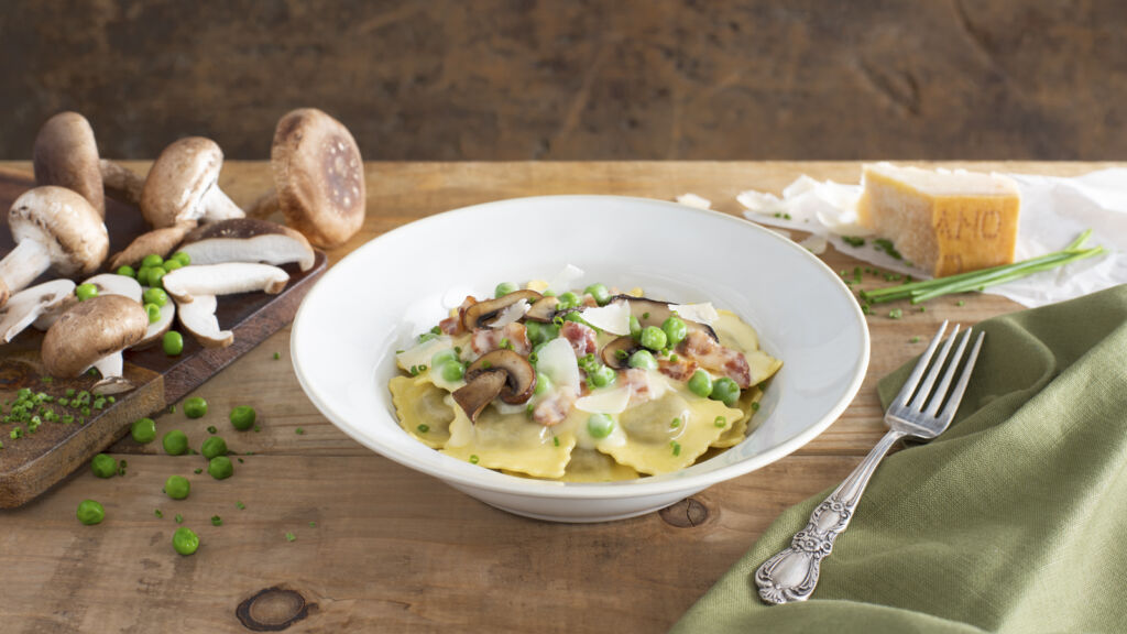 Ravioli-with-mushrooms-bacon-and-butter-sauce