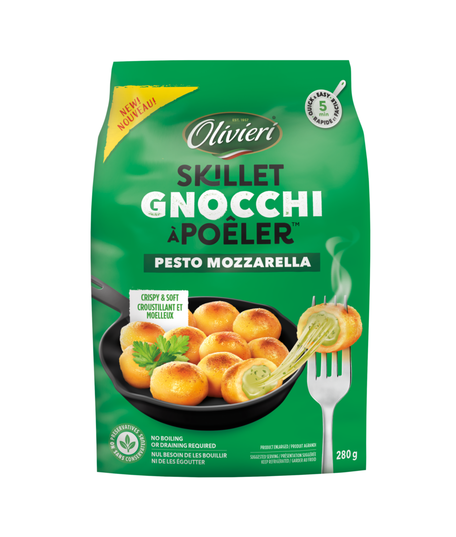 skillet gnocchi with basil pesto and mozzarella cheese